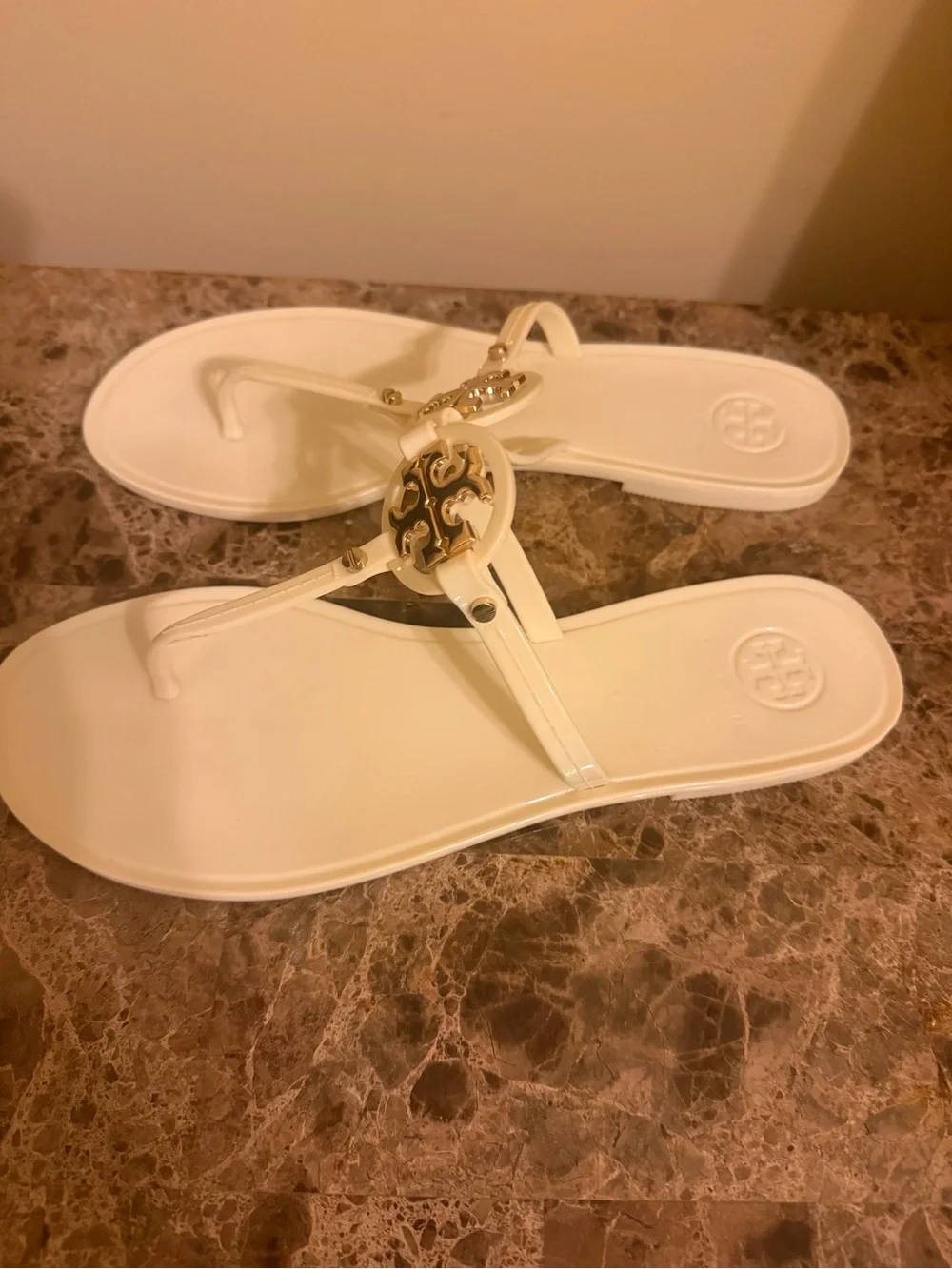 Tory Burch Cream Miller Metal-Logo Thong Sandals